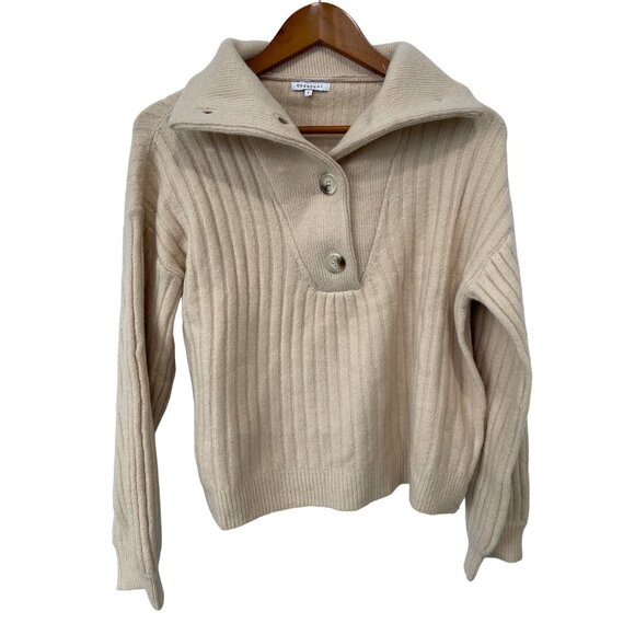 Crescent Sweaters - Crescent Ribbed Pullover Sweater Small Tan Half Button Cozy Fall Spread Collar